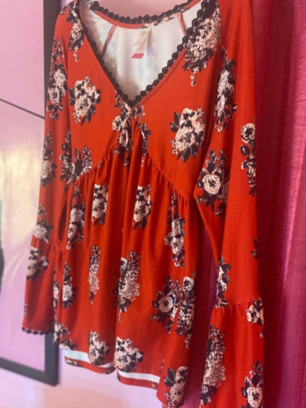 Y2k Bell Sleeve Baby Doll Blouse Retro Scarlet Red Billowy Floral Women's Large - Picture 4 of 4